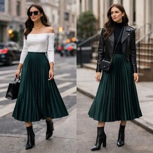 Zara  Dark Emerald Green Pleated Skirt Small